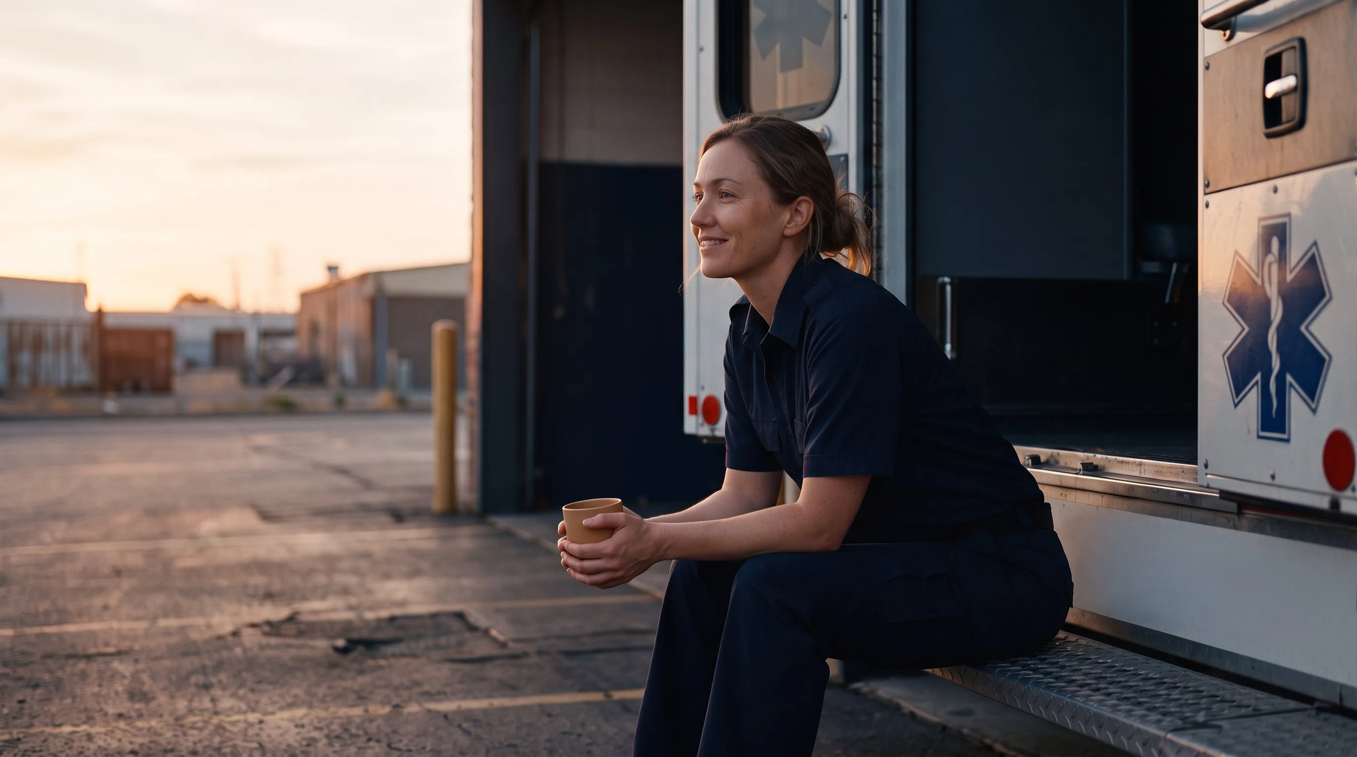 A paramedic relaxing with a coffee at sunrise
